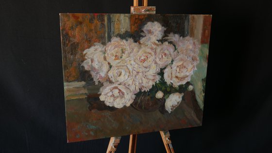 The Peonies Near The Night Window - peonies still life painting