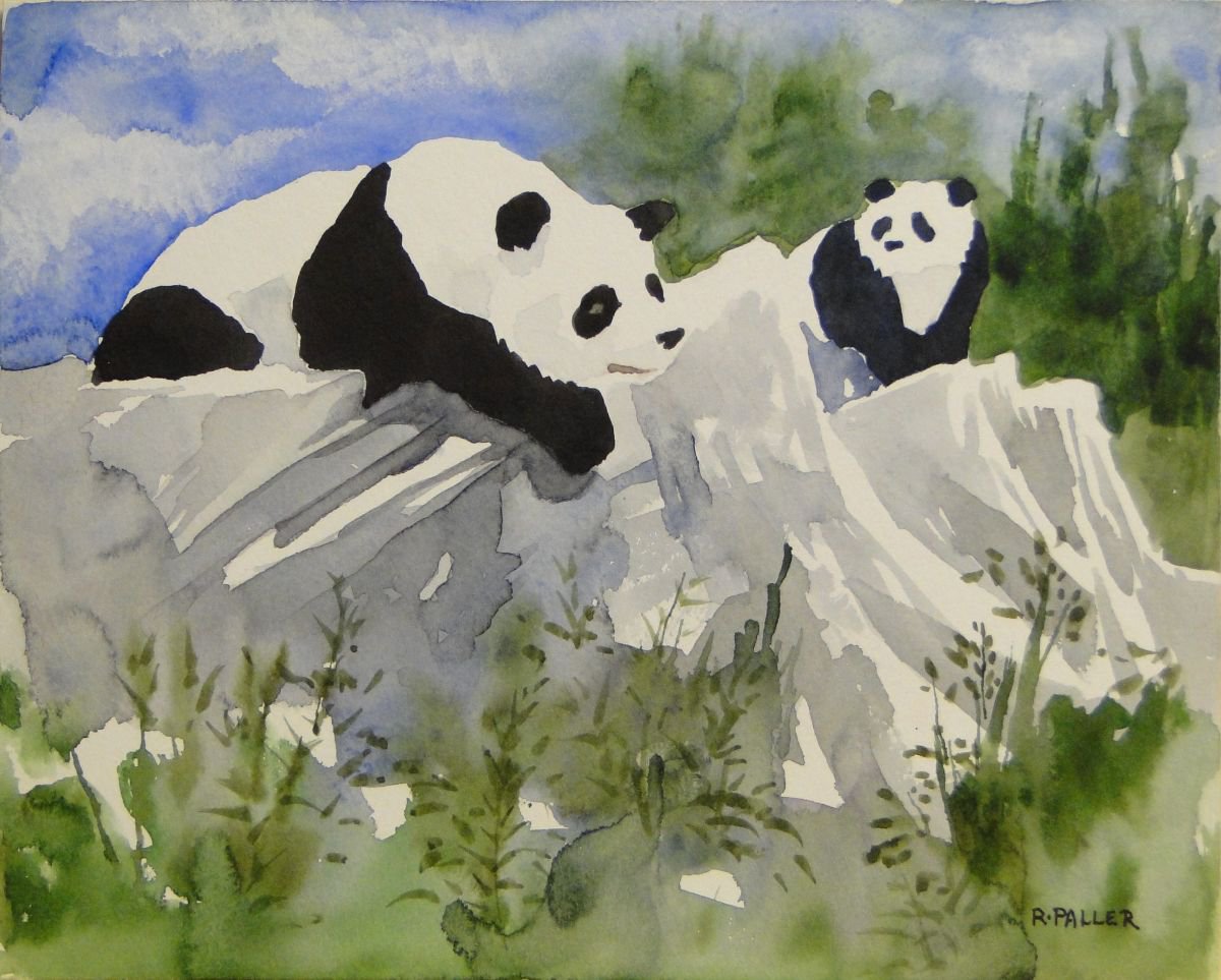 Animal Watercolour By Rick Paller, 10 X 8", Two Pandas On The Rocks, Original Artwork