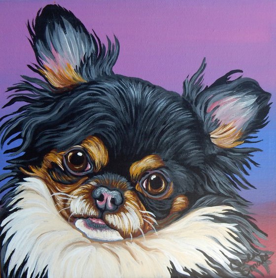 Papillion Chihuahua Pet Dog Original Art Painting-8 x 8 Inches Stretched Canvas-Carla Smale