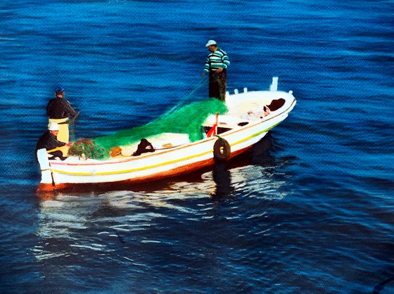 three fishermen and their boat