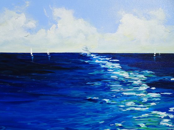 Sailing Boats Seascape Coastal Painting. Beach, Ocean, Sea Waves, Sky with Clouds. Coastal Decor Art.