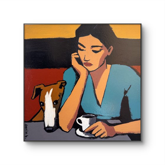 Woman with Dog and Coffee – Original Painting