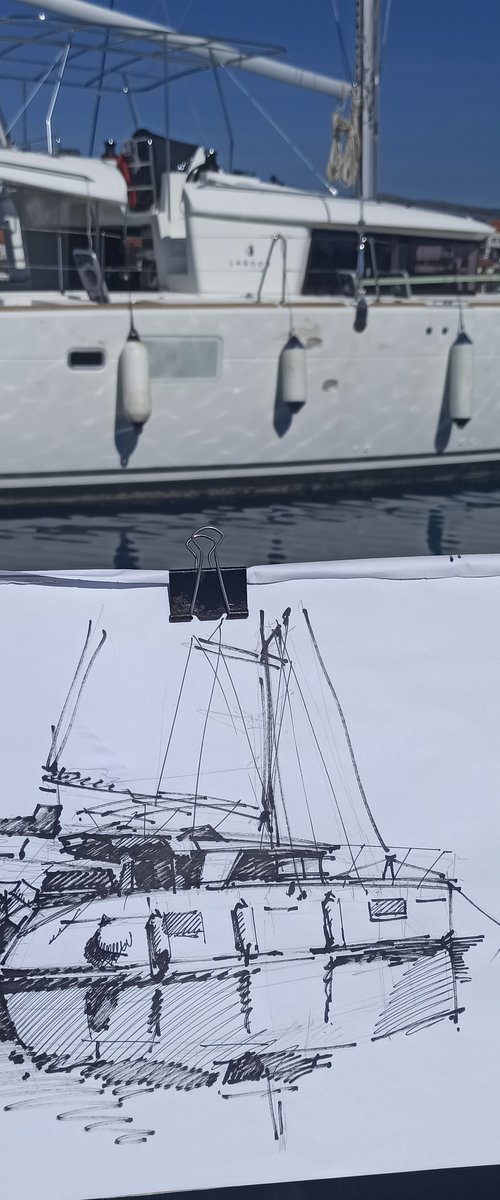 Lagoon 450F Catamaran Original Liner Sketch by Volodymyr Glukhomanyuk