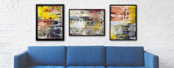 "The Usual Suspects" - FREE USA SHIPPING - Original PMS Abstract Triptych Acrylic Paintings On Canvas and Wood, Framed - 66" x 26"