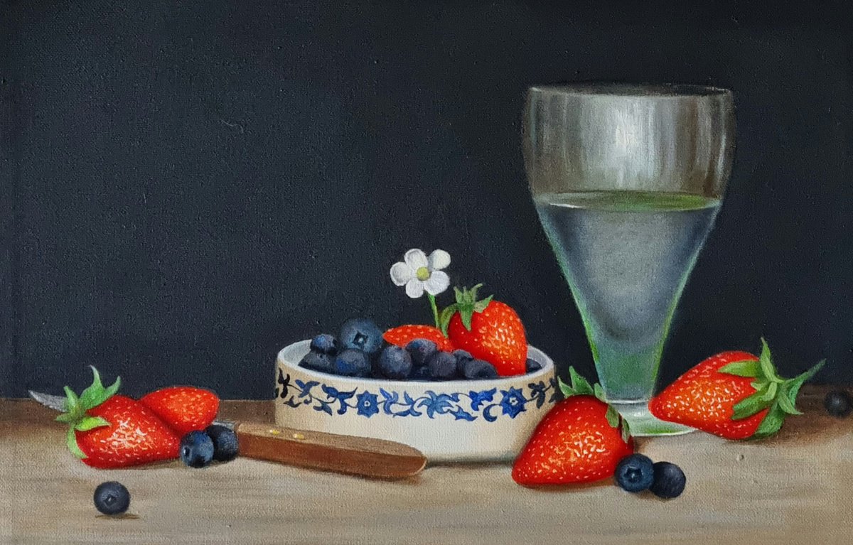 Photorealistic Still Life Oil Painting By Priyanka Singh, 12 X 8", Berries And Water, Original Artwork