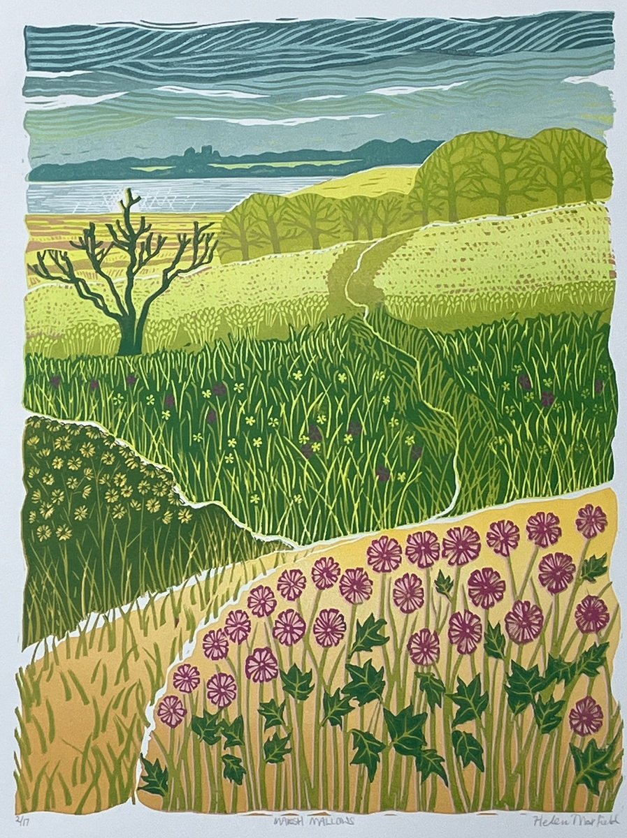Landscape Linocut By Helen Maxfield, 15 X 20, Marsh Mallows, Original Artwork