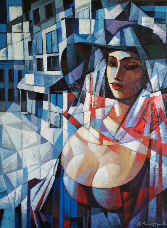 Girl in the hat (60x80cm, cubism, oil painting, ready to hang)