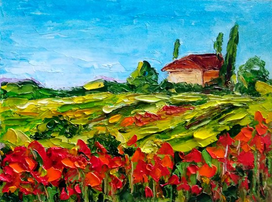 Tuscany Painting Poppy Original Art Landscape Oil Painting Impasto Small Artwork Meadow Wall Art
