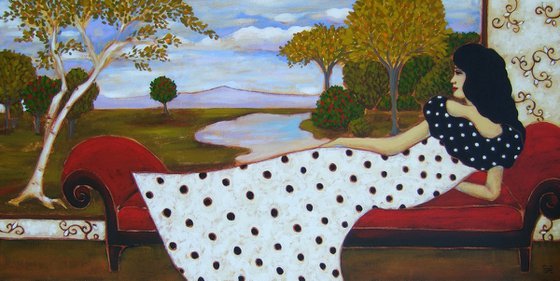 Woman with Polka Dot Gown and Landscape
