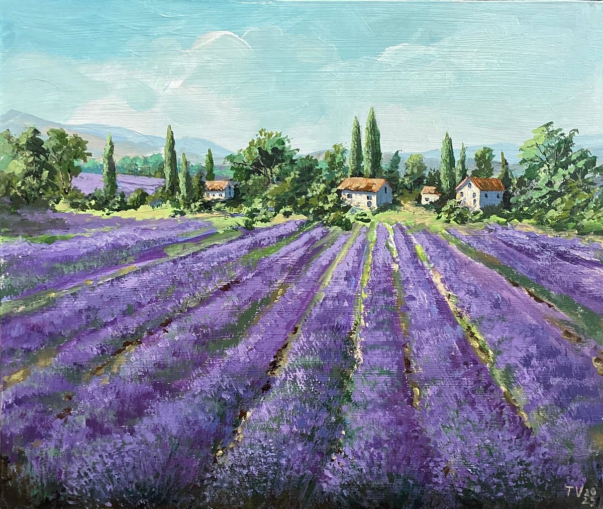 Impressionistic Landscape Acrylic Painting By Tetiana Vysochynska, 12 X 10", Lavender Landscape., Original Artwork