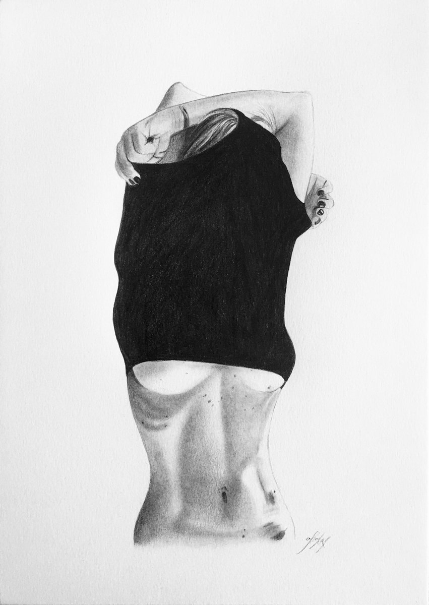 Photorealistic Portrait Pencil Drawing By Amelia Taylor, 8 X 12, Getting Undressed, Original Artwork