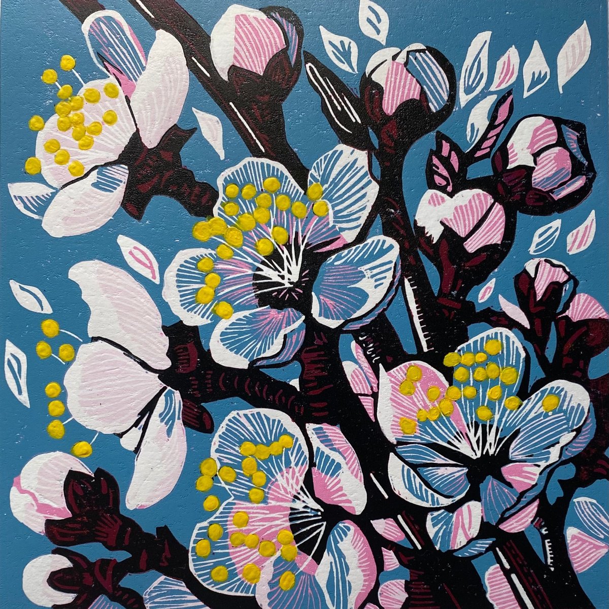 Impressionistic Botanical Linocut By Joanne Spencer, 8 X 8, Blossom, Original Artwork