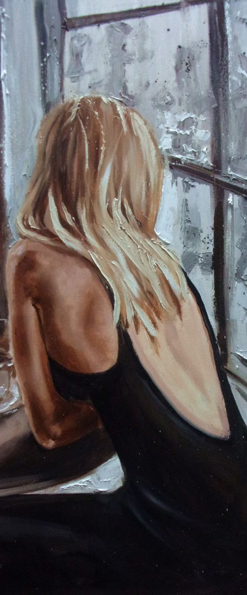 " LITTLE BLACK ... "  original OIL painting CITY palette knife GIFT MODERN URBAN ART OFFICE ART DECOR HOME DECOR GIFT IDEA by Monika Luniak
