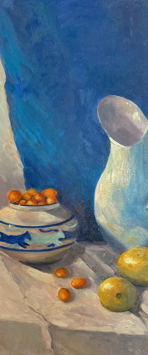The sunny still life with antique vase, jug and citruses by Anna Novick