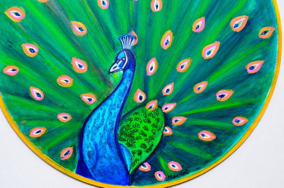 Glittering Peacock unique folk art on wood