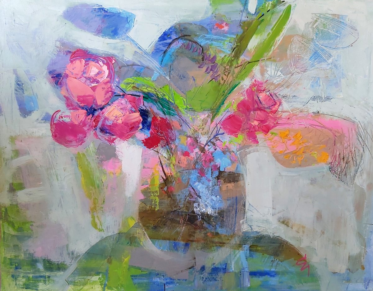 Expressive Oil Painting , Pink Flowers By Victoria Cozmolici, 35 X 28, Artwork For Sale On Artfinder