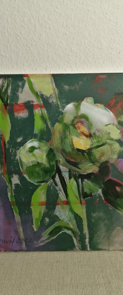 Green peonies modern mixed media painting by Olga David