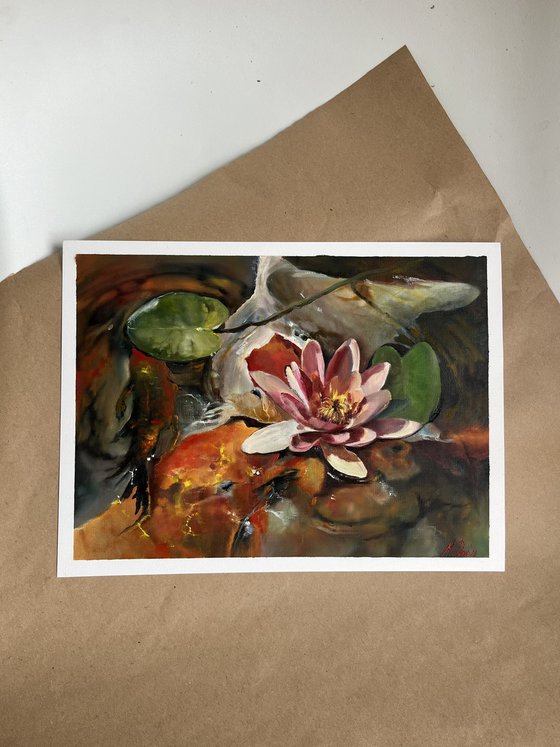 Koi Fish And Water Lily Original Oil Painting
