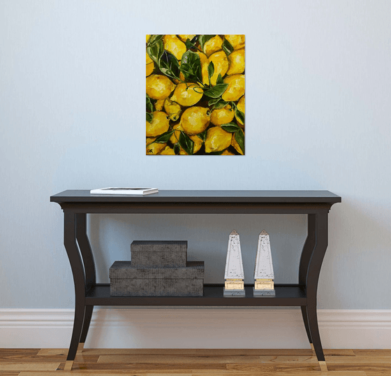 Lemons, oil painting, still life. Palette knife painting on canvas.