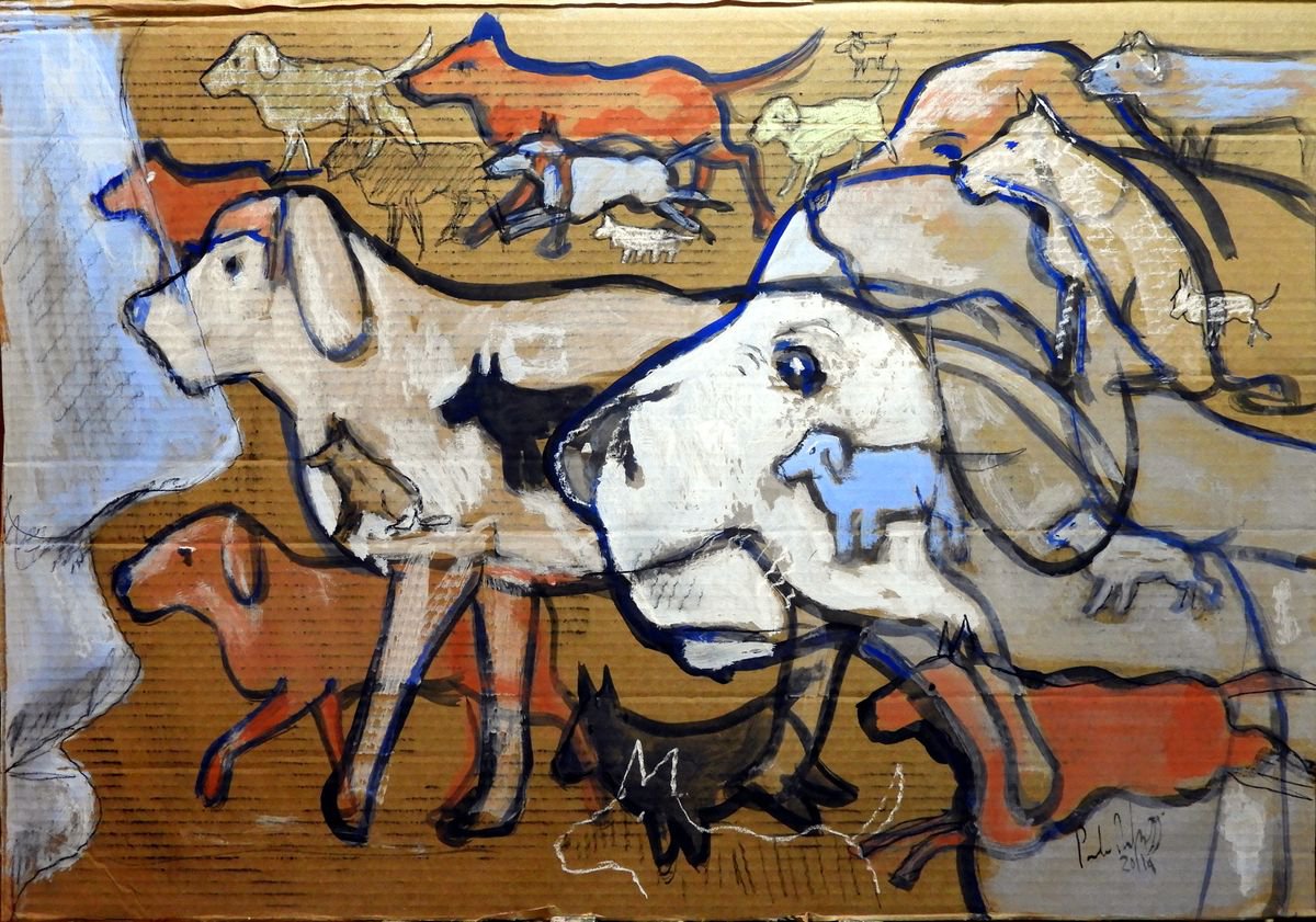 Illustrative Animal Painting By Paolo Beneforti, 28 X 20", Dogs&Amp;Dogs, Original Artwork