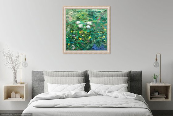 WATER LILY  - original oil landscape painting, summer, waterlily pond, green coloured