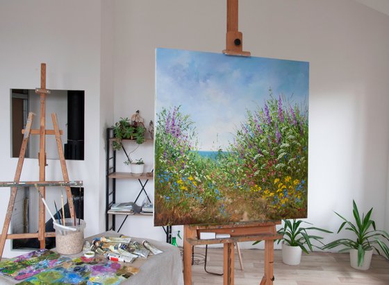 Flower Meadow. Oil Painting. Original. Canvas. 32 x 32