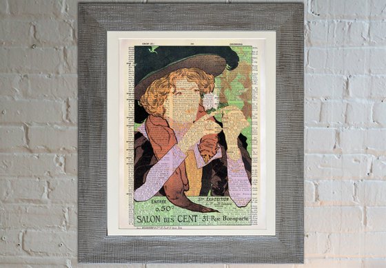 Salon des Cent 5me Exposition - Collage Art Print on Large Real English Dictionary Vintage Book Page
