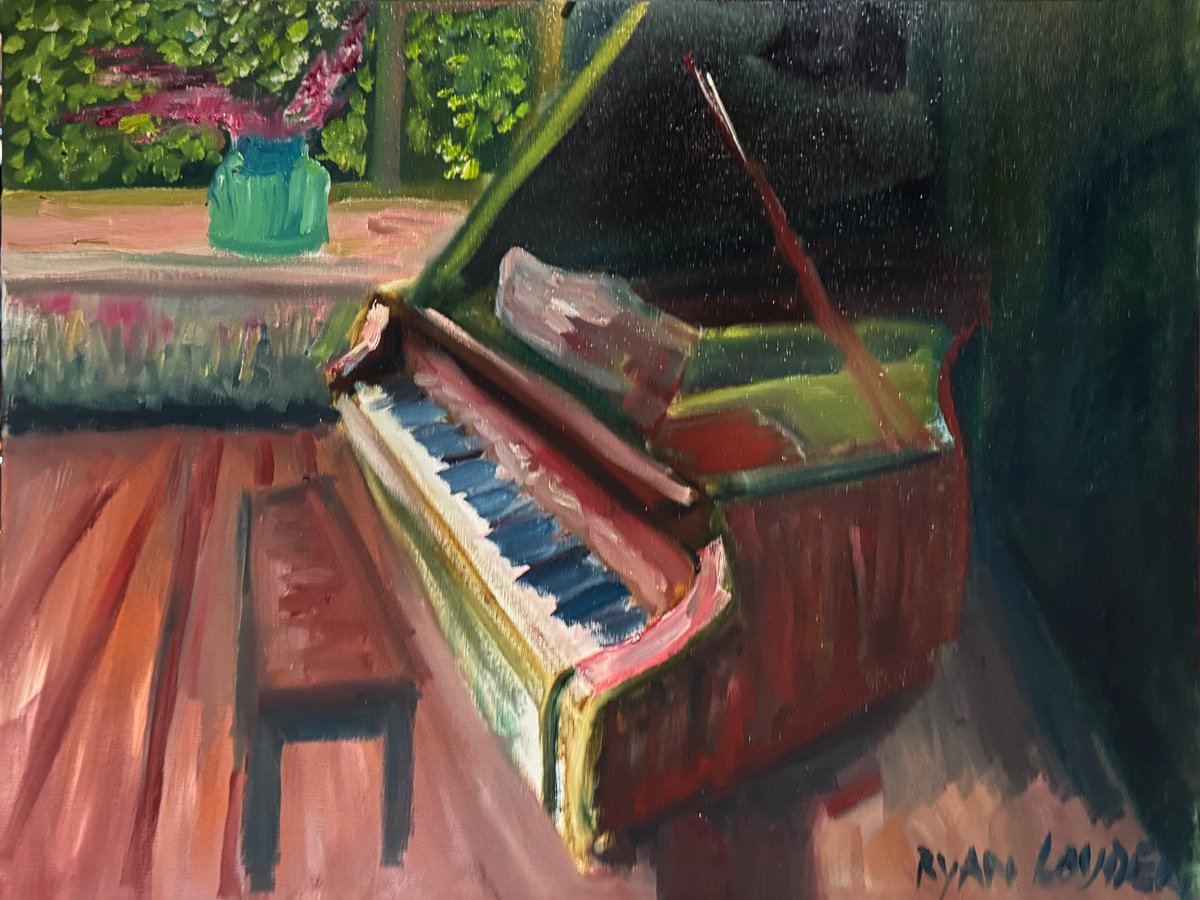 Expressive Portrait Oil Painting By Ryan Louder, 24 X 18", Piano And Blue Vase, Original Artwork