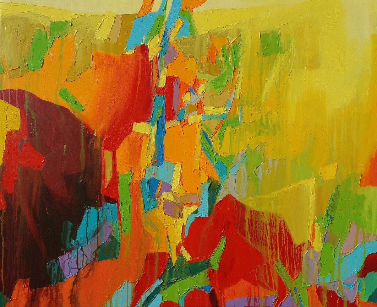 Impressionistic Abstract Acrylic Painting By Abhishek Kumar, 48 X 60, Yellow City, Original Artwork
