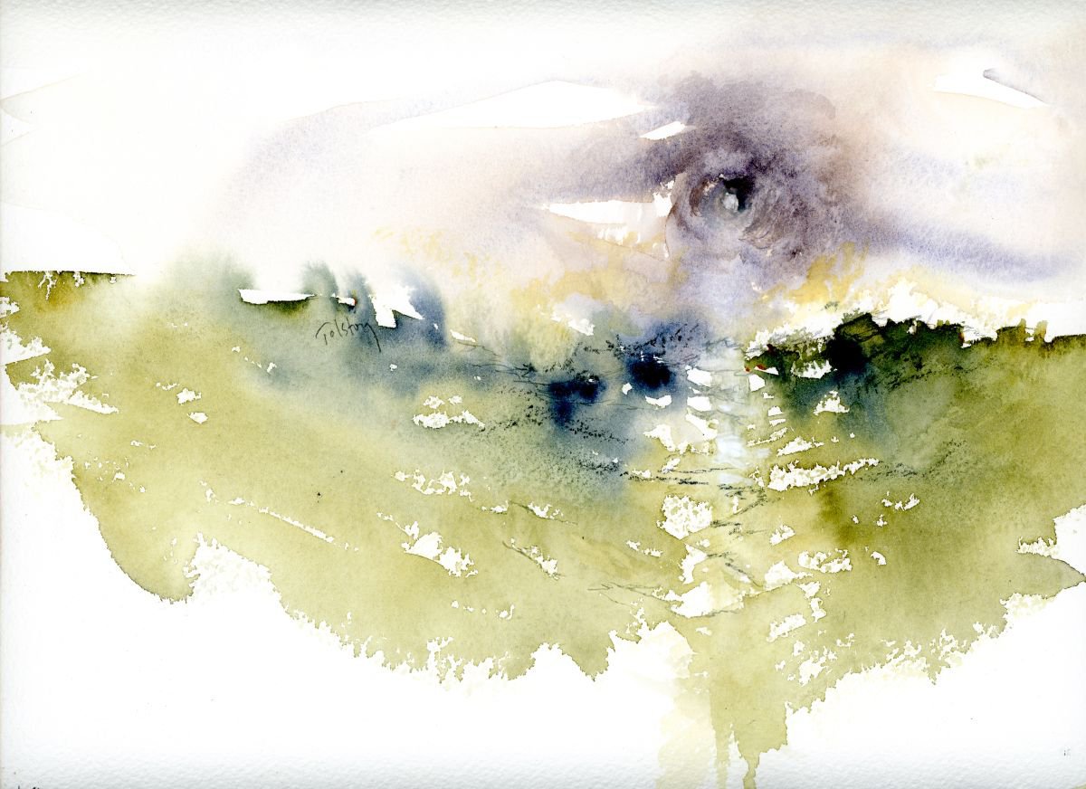 Impressionistic Landscape Watercolour By Alex Tolstoy, 12 X 8, Stormy Sea Under The Moon, Original Artwork