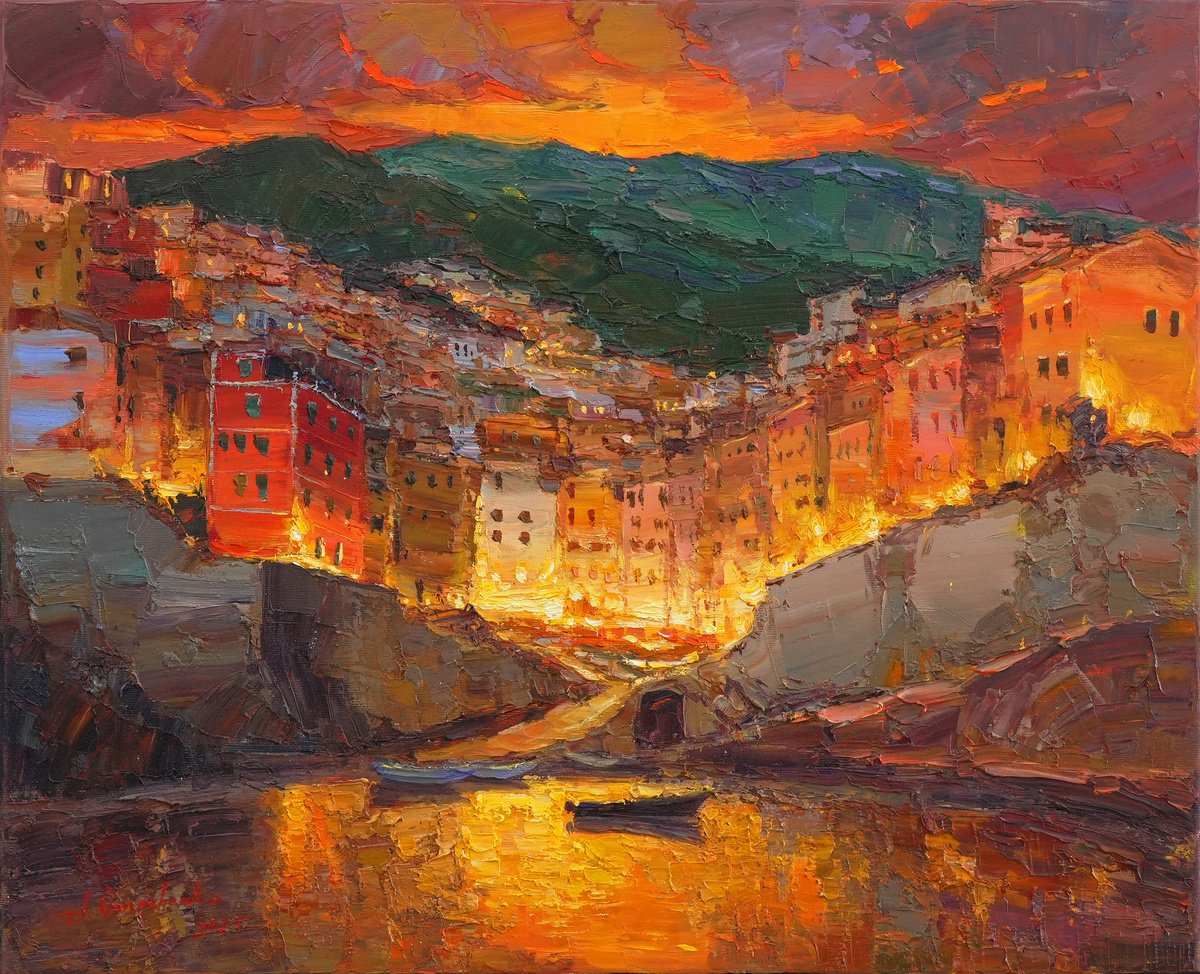 Impressionistic Cityscapes Oil Painting By Alisa Onipchenko-Cherniakovska, 22 X 18, Evening Riomaggiore Italy, Original Artwork