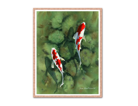 Koi carps in the pond original watercolor painting, stones in water, green water, fish artwork, photorealistic, wall art
