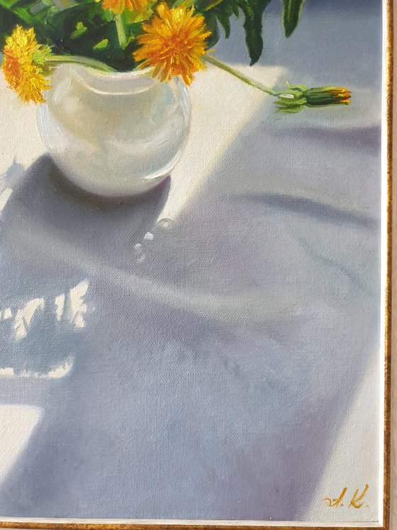 "Bouquet from a young gentleman. "  still life summer  dandelion   white liGHt original painting  GIFT (2021)