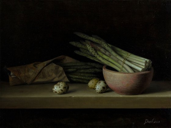 Asparagus and quail eggs, 30x40cm, oil no canvas, 2018, original classic still life