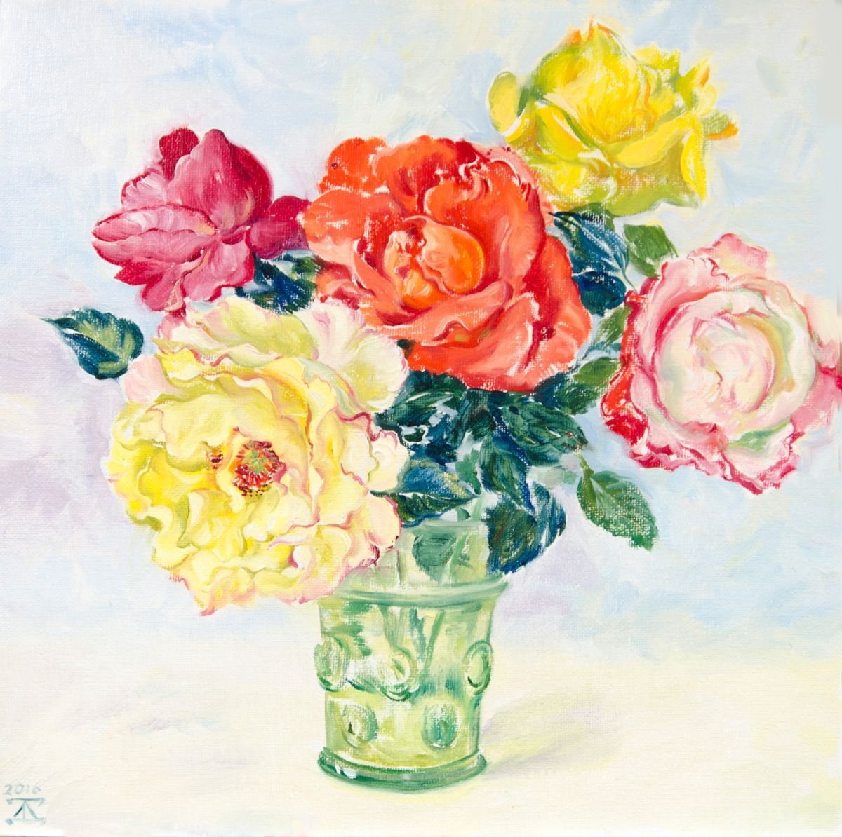 Impressionistic Botanical Oil Painting By Daria Galinski, 12 X 12, Roses In The Green Glass, Original Artwork