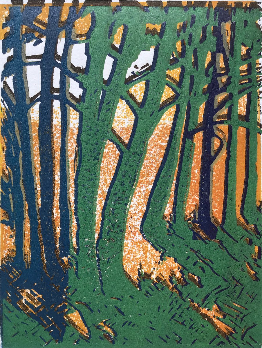 Organic Landscape Linocut By Sandra Haney, 9 X 11", Green Trees, Original Artwork