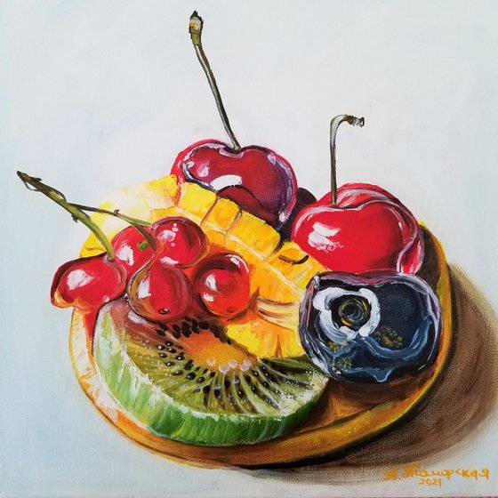 Tropical Fruit Dessert. Mouth Watering Fruit Tart. Original Oil Painting on Canvas. Kitchen Still life. Dining Room accent. Summer painting.