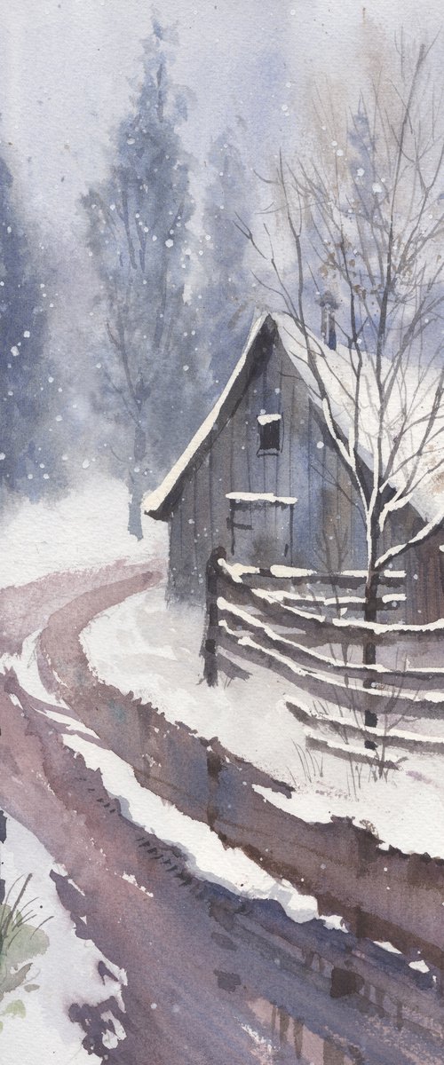 Snow Art Original Watercolor, Winter Landscape painting by Samira Yanushkova