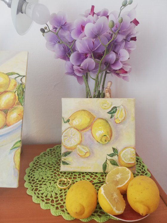 "Lemons on a table" Kitchen Still-life / Small Oil Painting 8x8in (20x20cm)