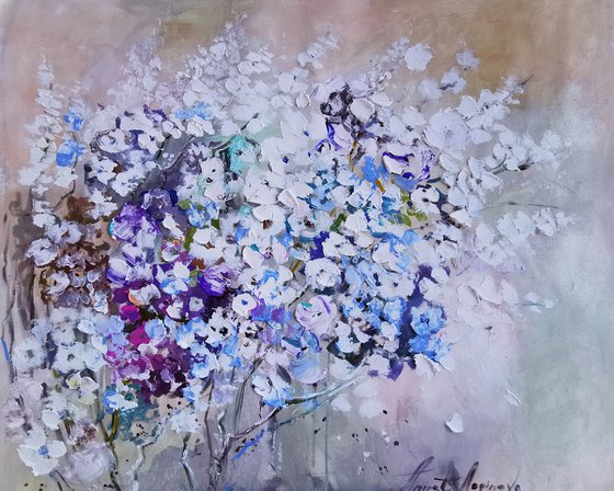 Tender flowers large abstract painting with a rich textured surface