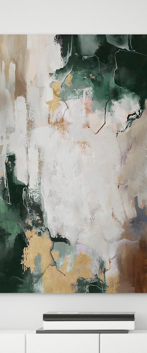 "Green Bloom" Abstract green gold acrylic art by Yana Sagan