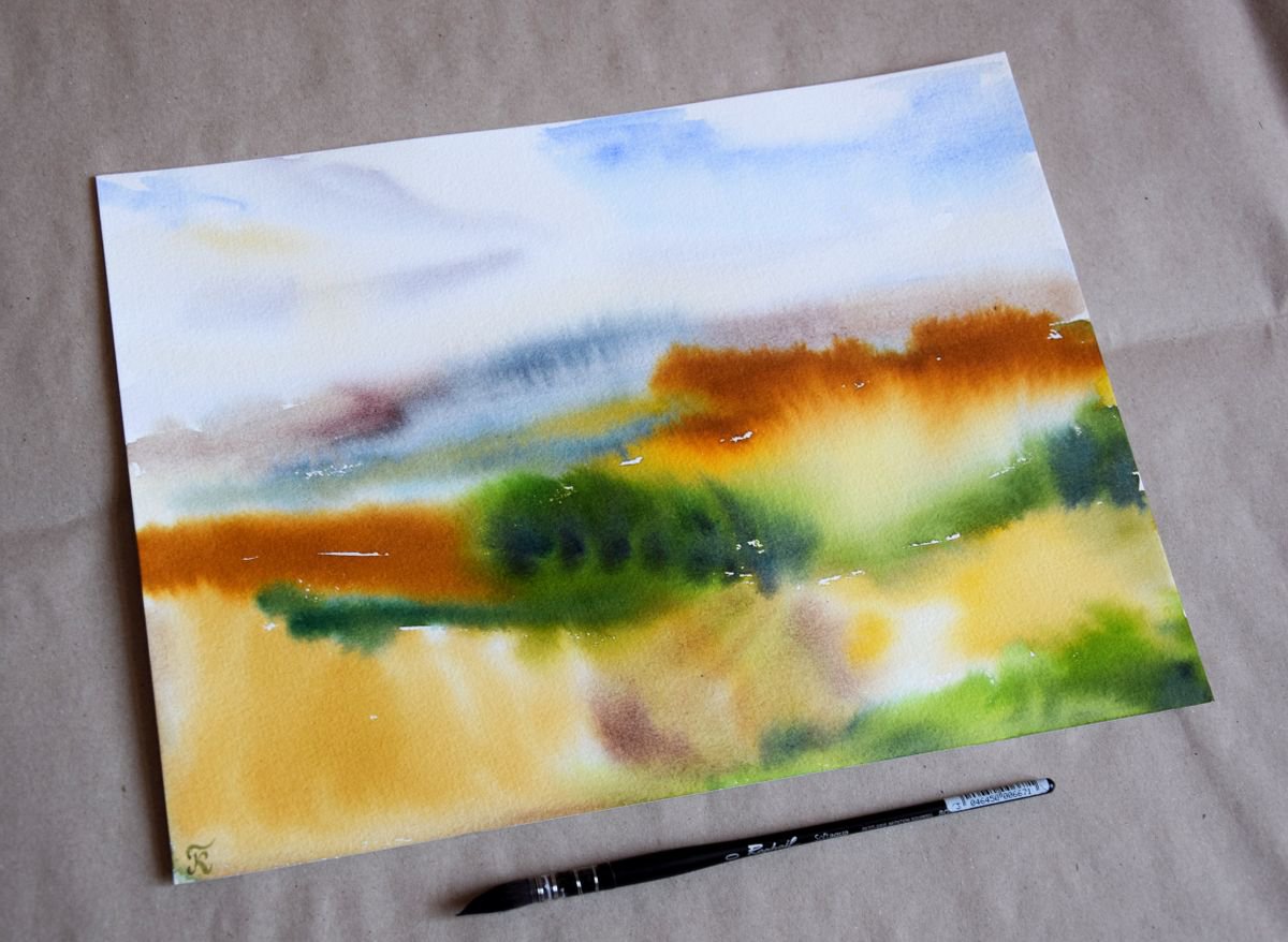 Abstract landscape original watercolor painting, wet in wet