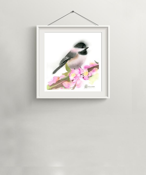 Chickadee with pink flower