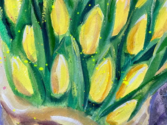 Tulips Original Gouache Painting, Flower Watercolor Art, Bouquet Artwork, Cottagecore Aesthetic