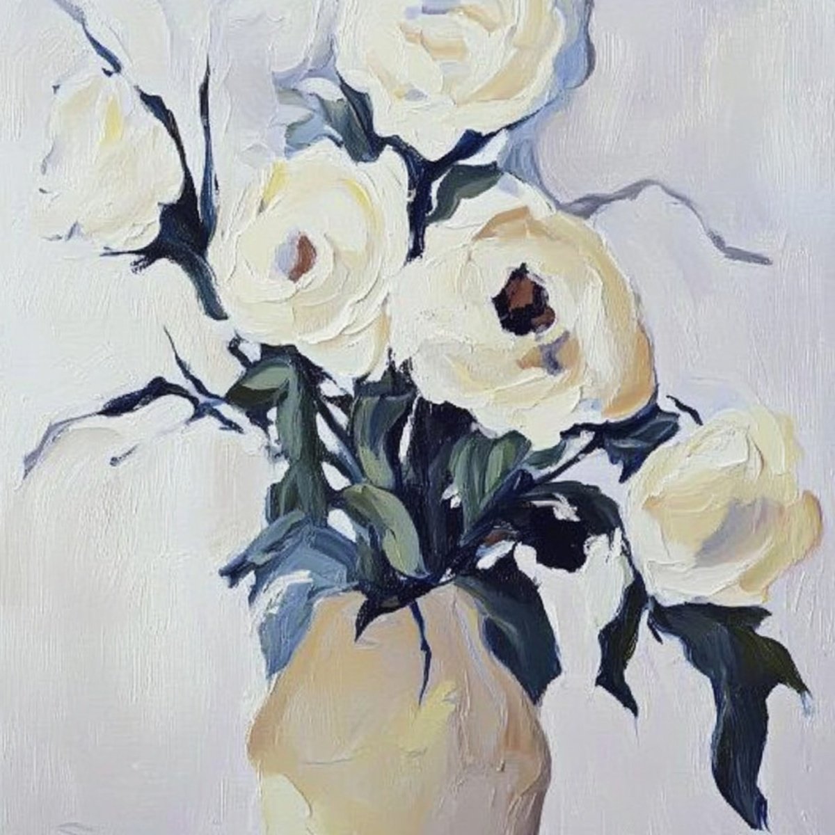 Impressionistic Botanical Print By Elena Avanesova, 31 X 31, White Roses In A Vase, Original Artwork