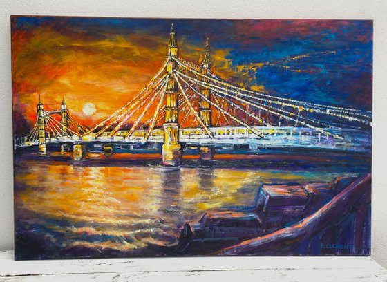 London oil painting of Sunsetting behind Albert Bridge