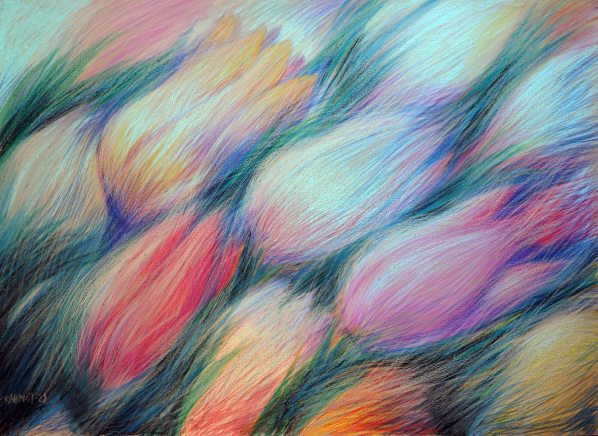 Impressionistic Botanical Acrylic Painting By Rakhmet Redzhepov, 34 X 24", Tulips Blue, Original Artwork