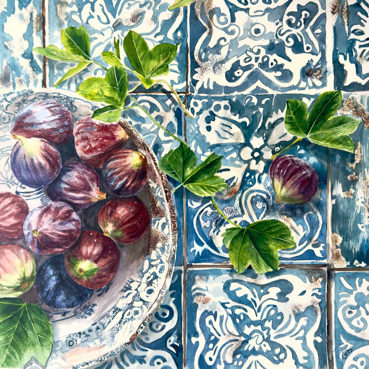 Photorealistic Watercolour , Portuguese Harvest - Juicy Figs By Irina Kurganskaya, 20 X 20, Artwork For Sale On Artfinder