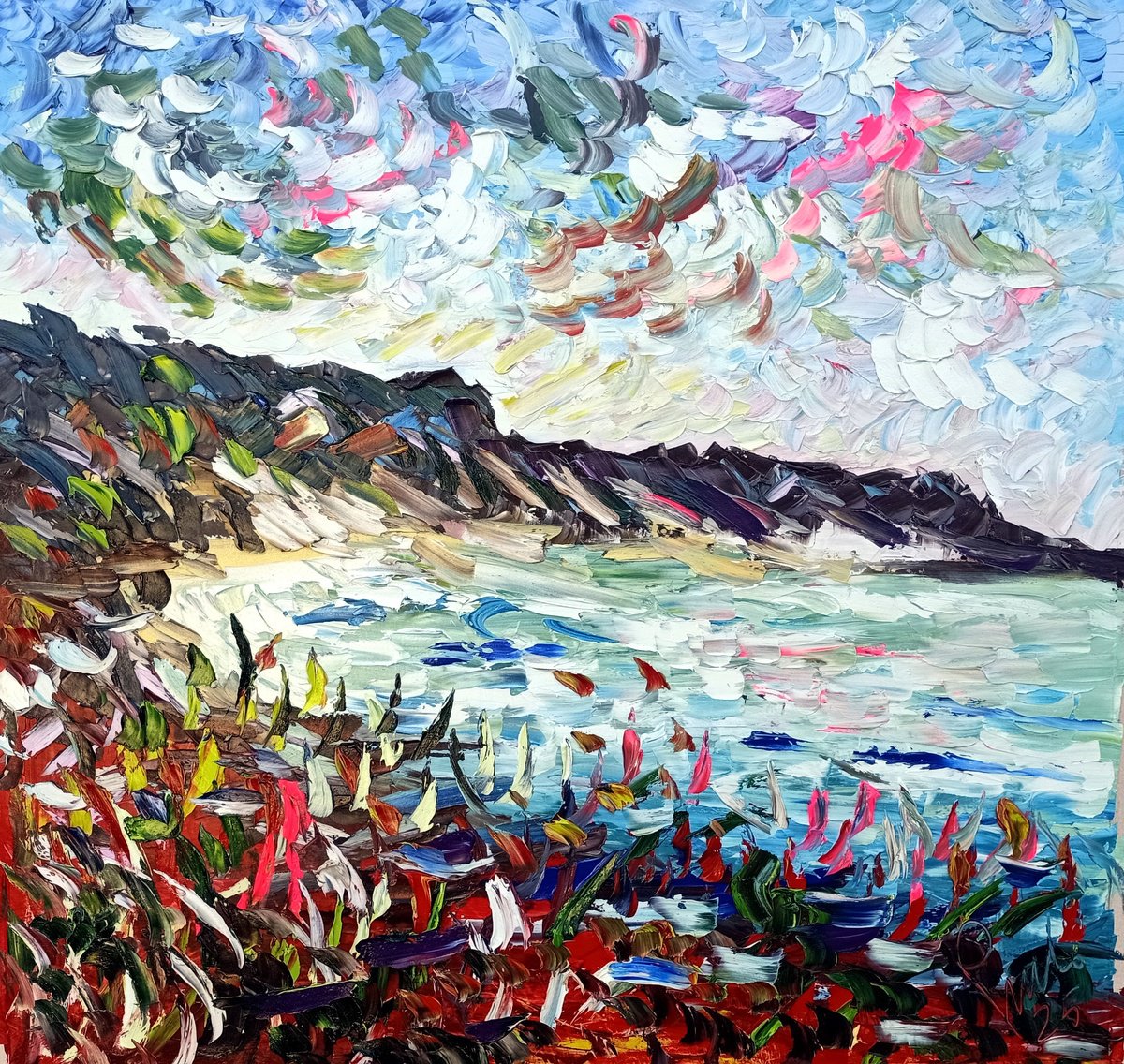 Impressionistic Abstract Oil Painting By Antonino Puliafico, 43 X 43, Salty Embrace, Original Artwork