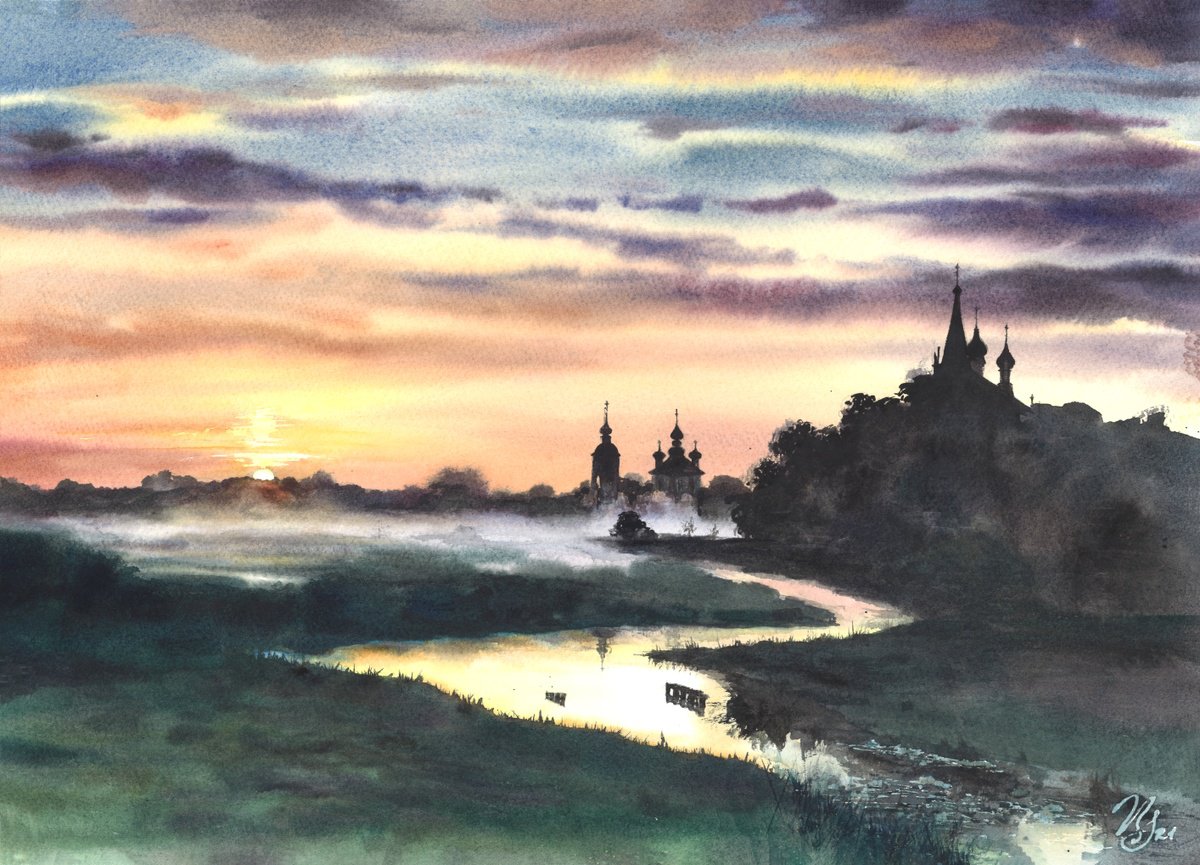 Impressionistic Landscape Watercolour By Sonata Art, 24 X 18", Yellow Purple Landscape, Original Artwork